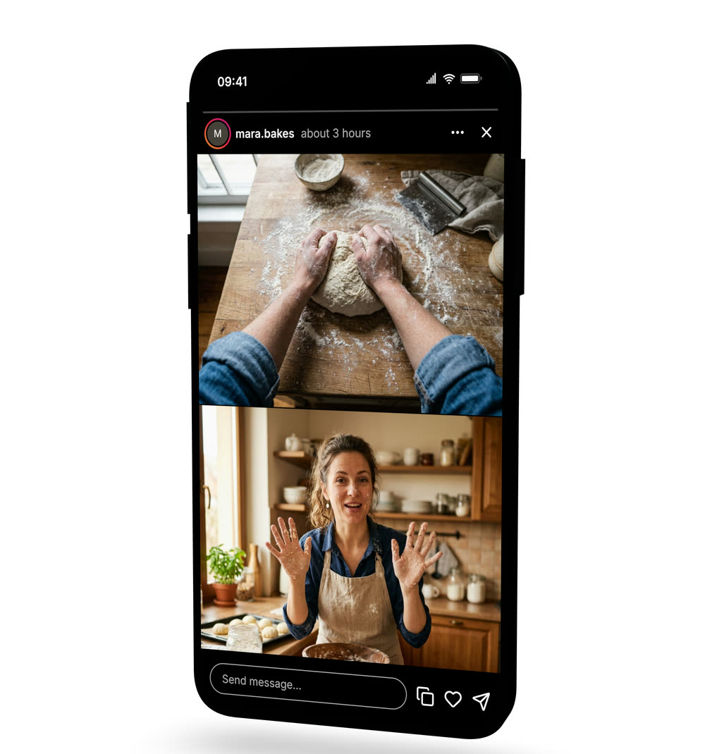 Instagram story mockup on a 3D phone, angled on a white canvas, showing the two-angle baking story the way it would sit on a client deck slide
