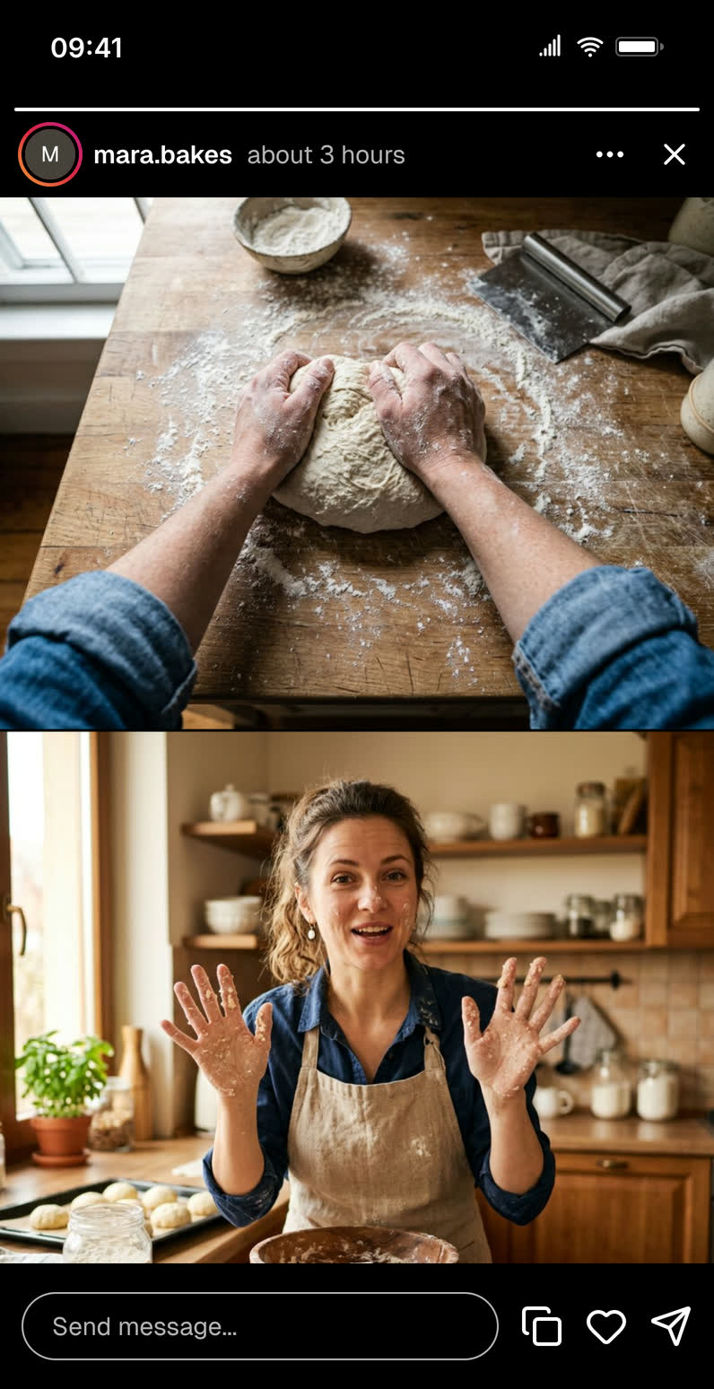 Instagram story mockup of a two-angle baking story: a glasses point of view of flour-dusted hands shaping dough on top and a phone selfie of the baker talking at the counter below, single progress segment, reply bar