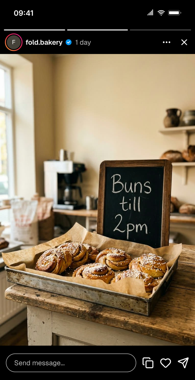 Instagram story mockup of a bakery on its second day: three progress segments with the middle one active, verified username, the age label reading 1 day, and a tray of cardamom buns on the counter