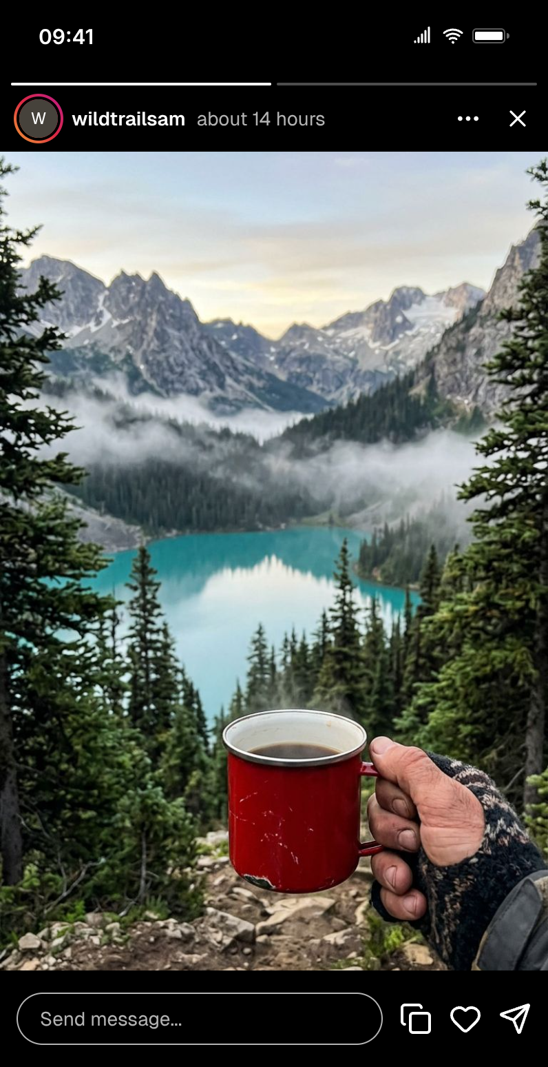 Instagram story mockup of a travel creator: misty alpine lake with a red enamel mug in frame, two progress segments showing a two-slide story