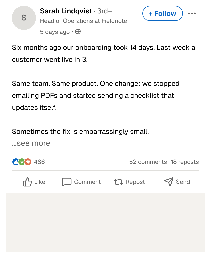 LinkedIn post mockup for marketing: an operations lead sharing how onboarding dropped from 14 days to 3, with 486 reactions