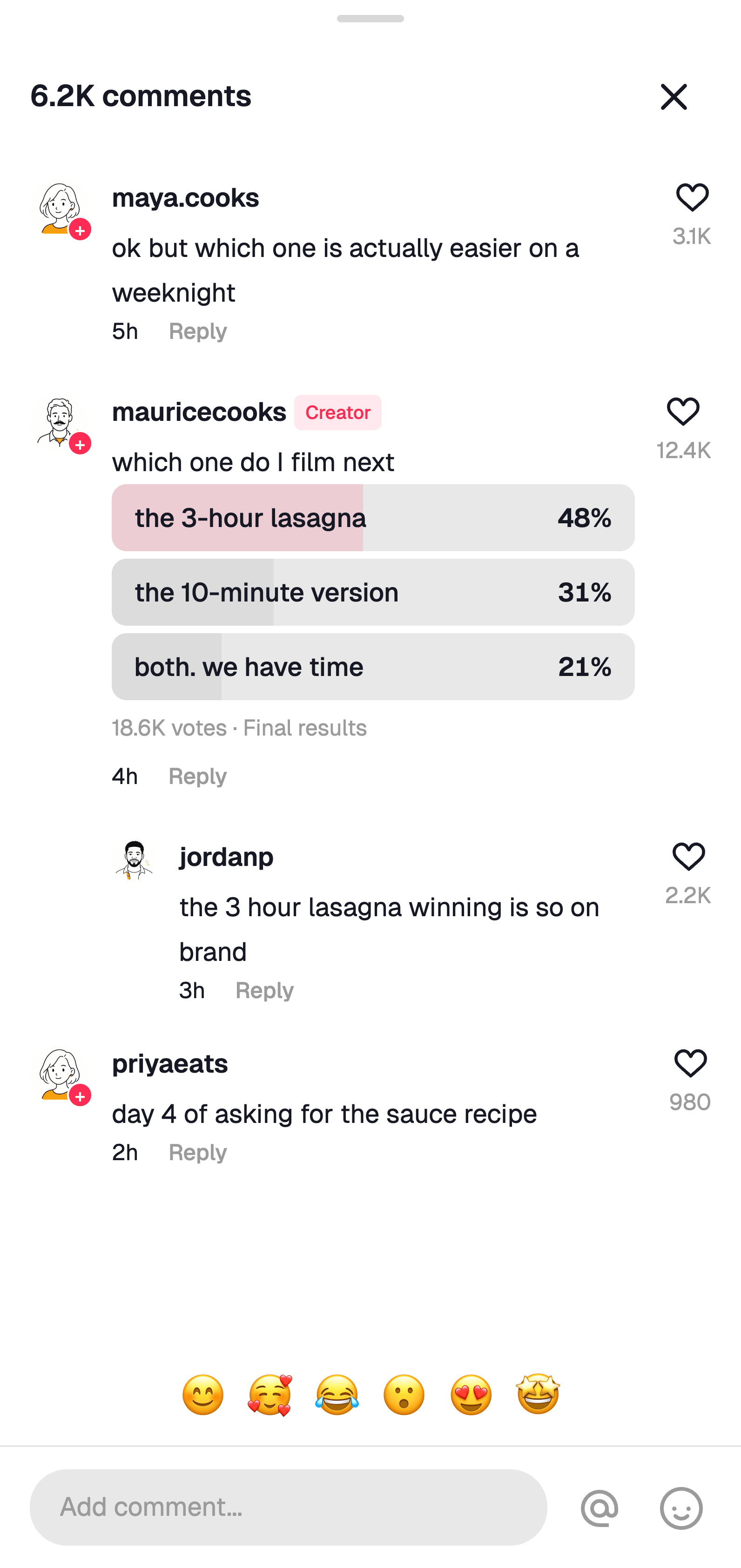 Fake TikTok comment section with a creator poll asking which recipe to film next, three options with percentages and 18.6K votes marked Final results
