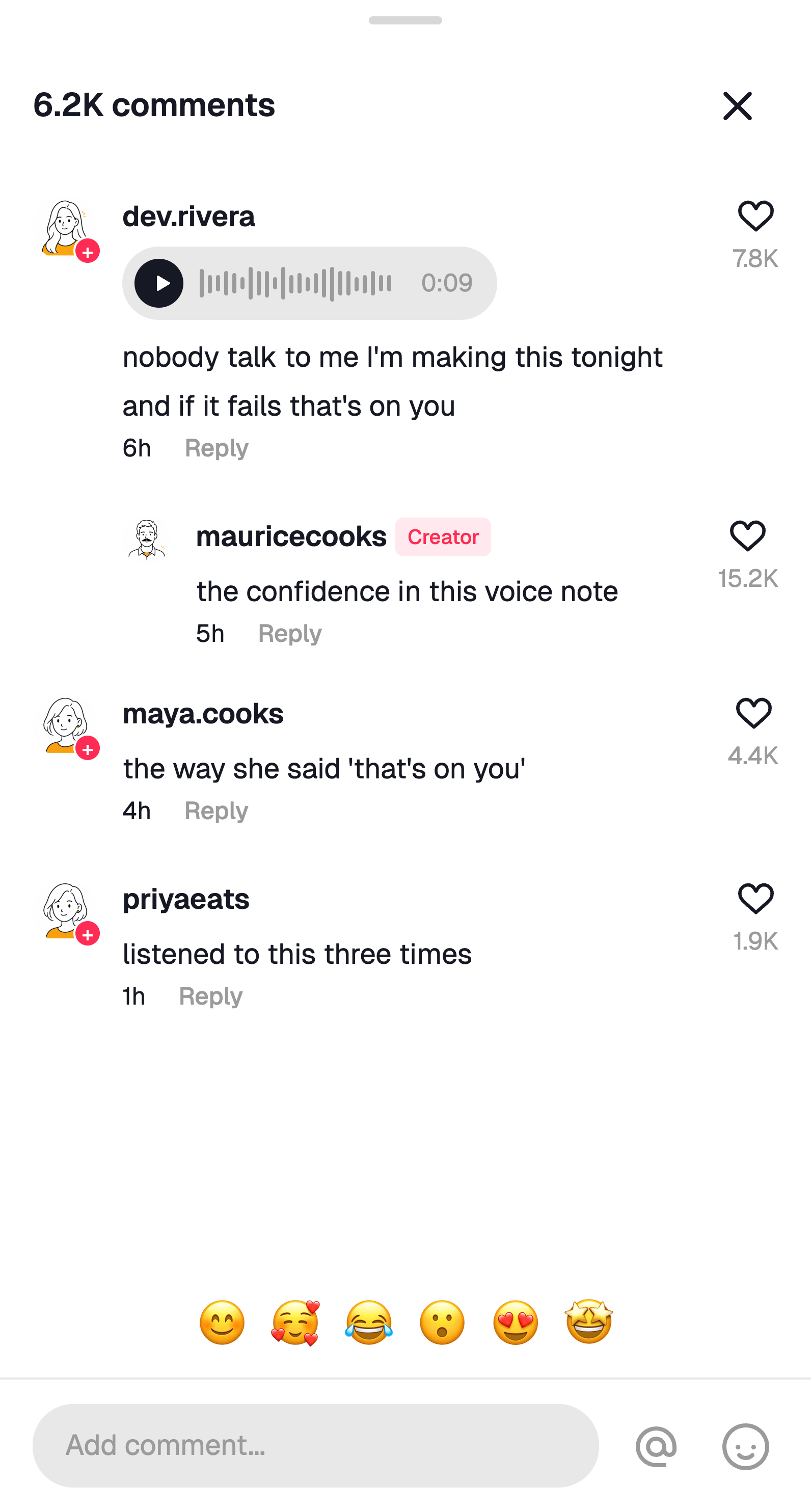 Fake TikTok comment section with a nine-second voice comment, its waveform and transcript, and the creator's badged reply with 15.2K likes