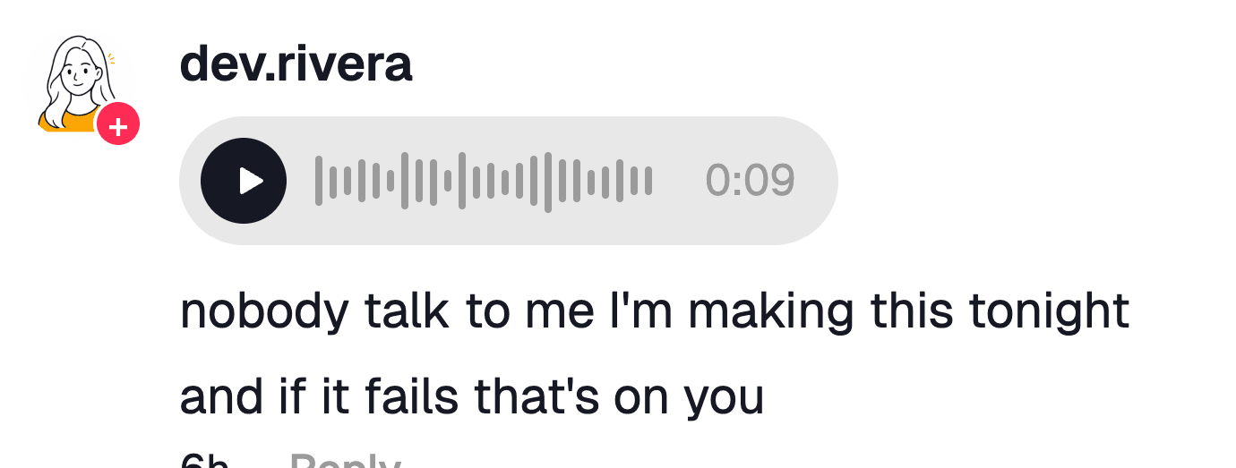 Close-up of a fake TikTok voice comment: play button, waveform, 0:09 length label and the transcript below