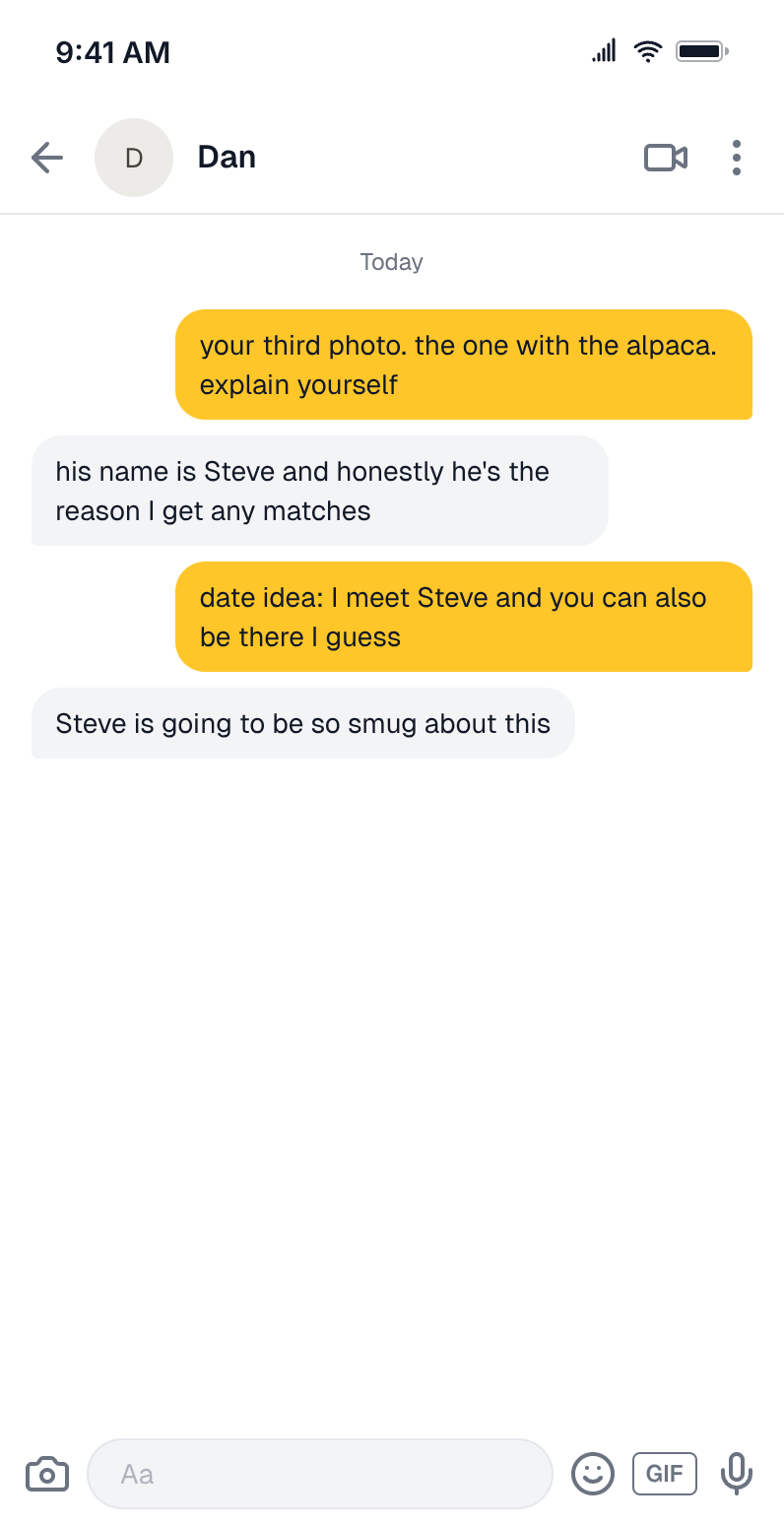 Fake Bumble chat: Sofia opens with "your third photo. the one with the alpaca. explain yourself" and a date with Steve the alpaca is arranged