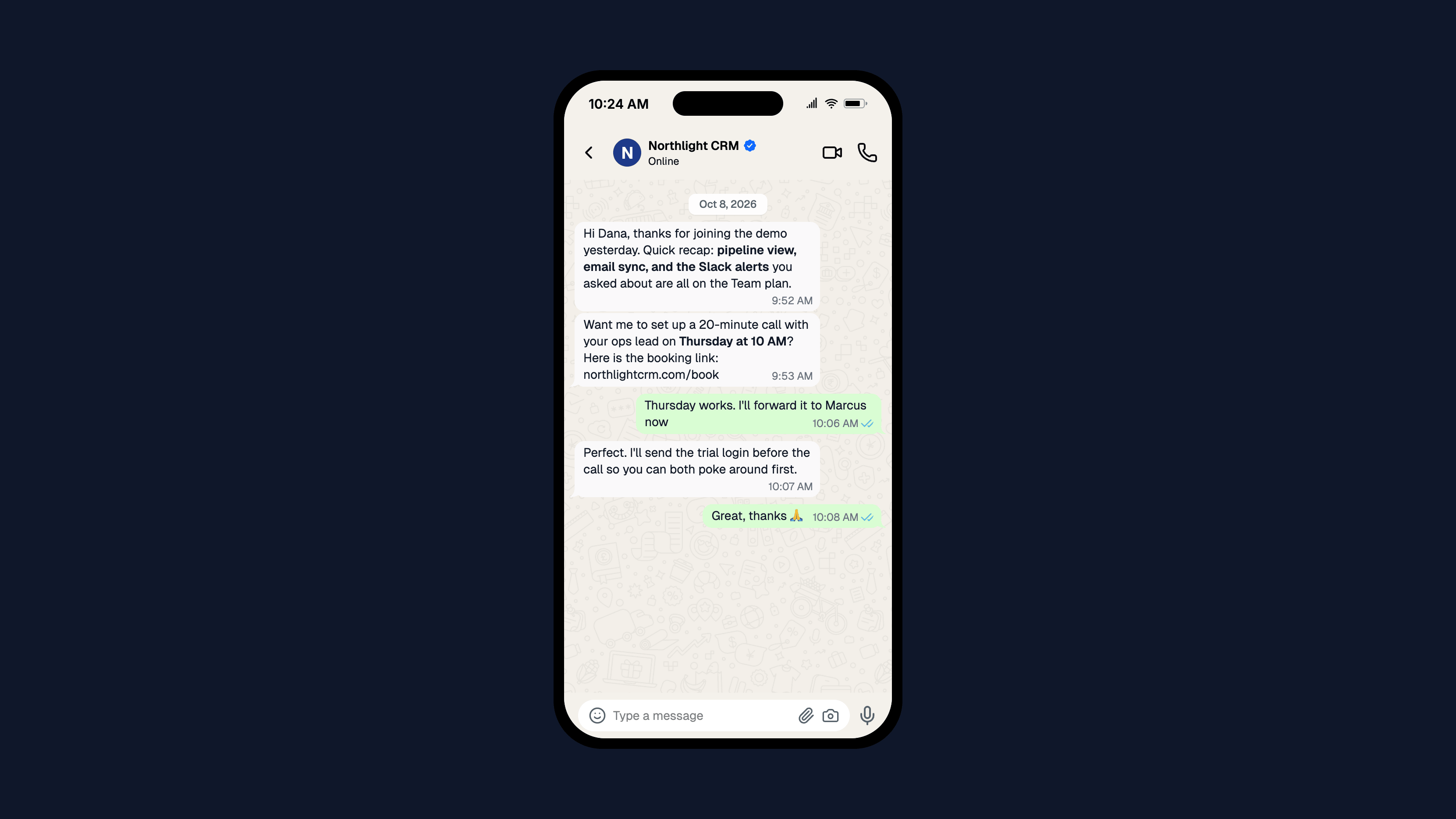 WhatsApp Business mockup on a 16:9 dark canvas with the phone frame on, ready to paste into a sales deck