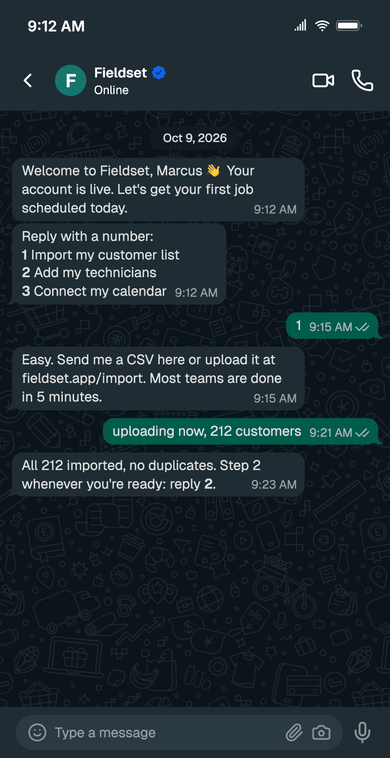 Dark mode WhatsApp Business chat mockup of a day-one onboarding flow: Fieldset lists three numbered setup steps and the customer replies with a 1