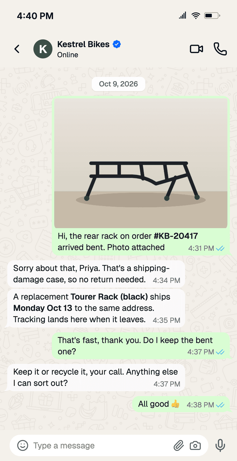 WhatsApp Business chat mockup of a support thread: a customer sends a photo of a bent bike rack and Kestrel Bikes confirms a free replacement with a ship date