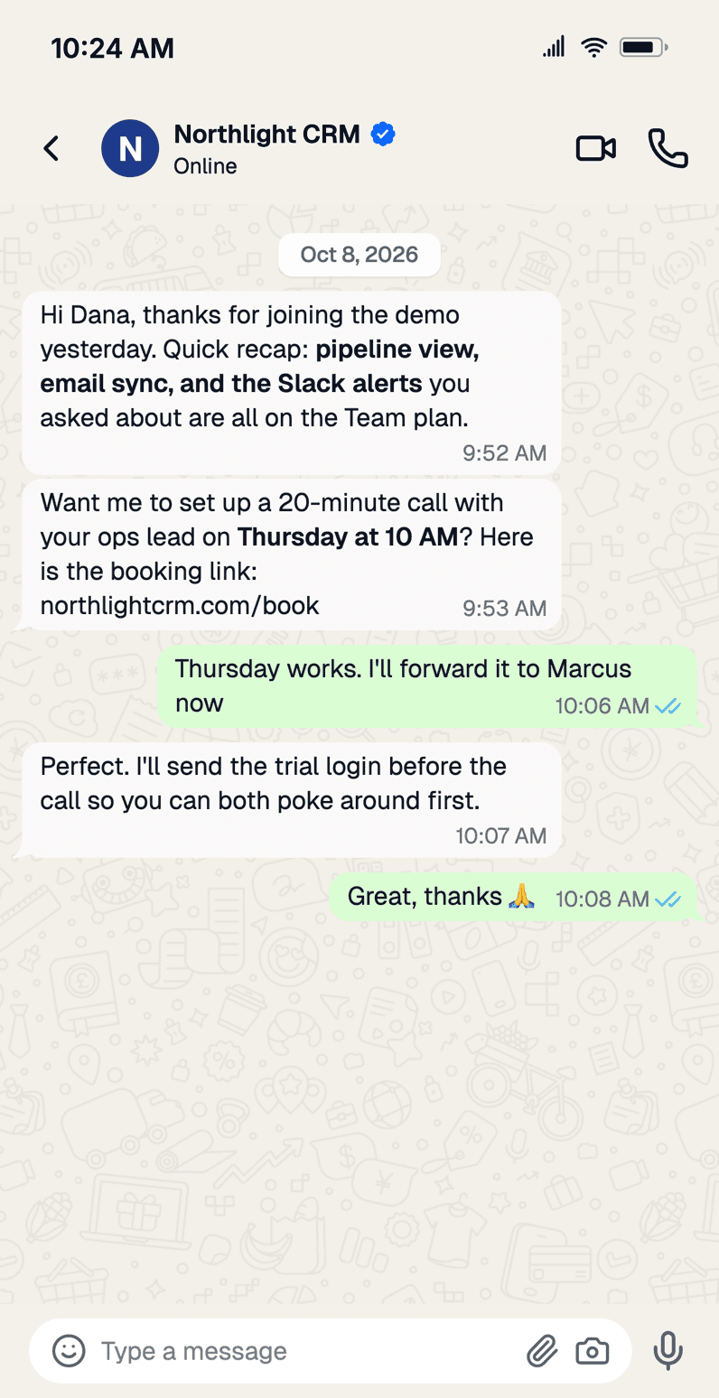 WhatsApp Business chat mockup of a sales follow-up: Northlight CRM, with a blue verified badge, proposes a Thursday call after a demo and the customer confirms with blue ticks