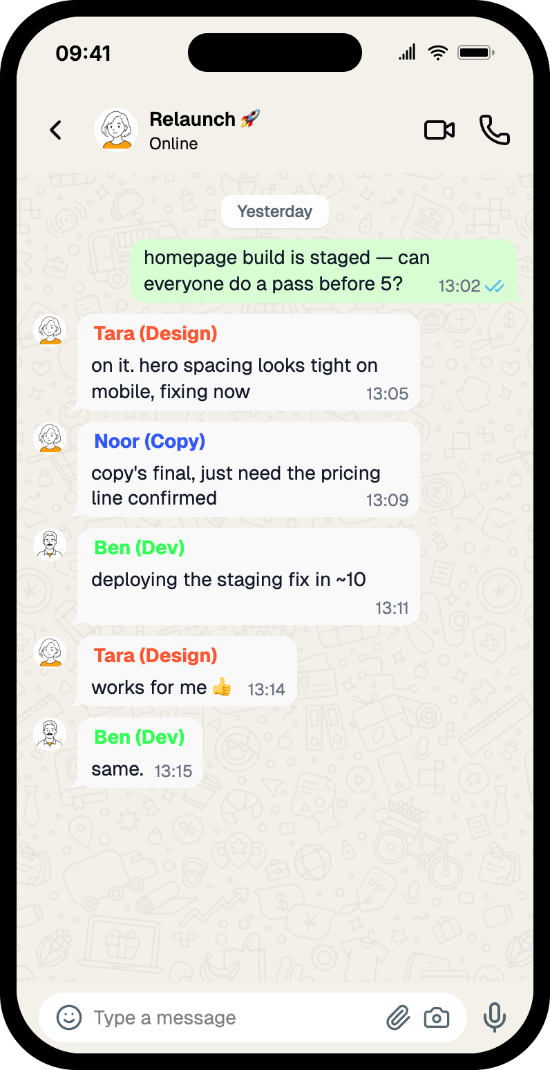 WhatsApp group chat mockup titled "Relaunch" — a design team with named roles doing a final review before a 5pm website deadline