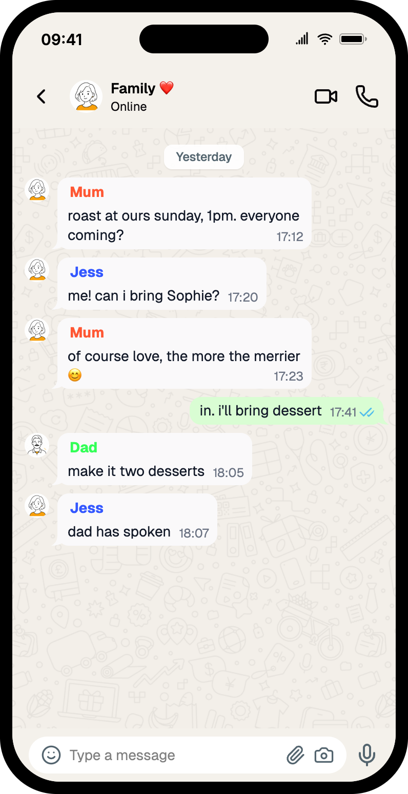 WhatsApp group chat mockup titled "Family" — parents and a sibling arranging a Sunday roast, with replies spaced minutes apart