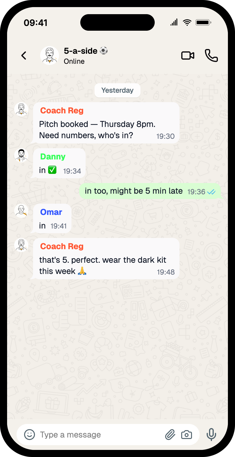 WhatsApp group chat mockup titled "5-a-side" — a football team confirming numbers for a Thursday match after the coach posts the time