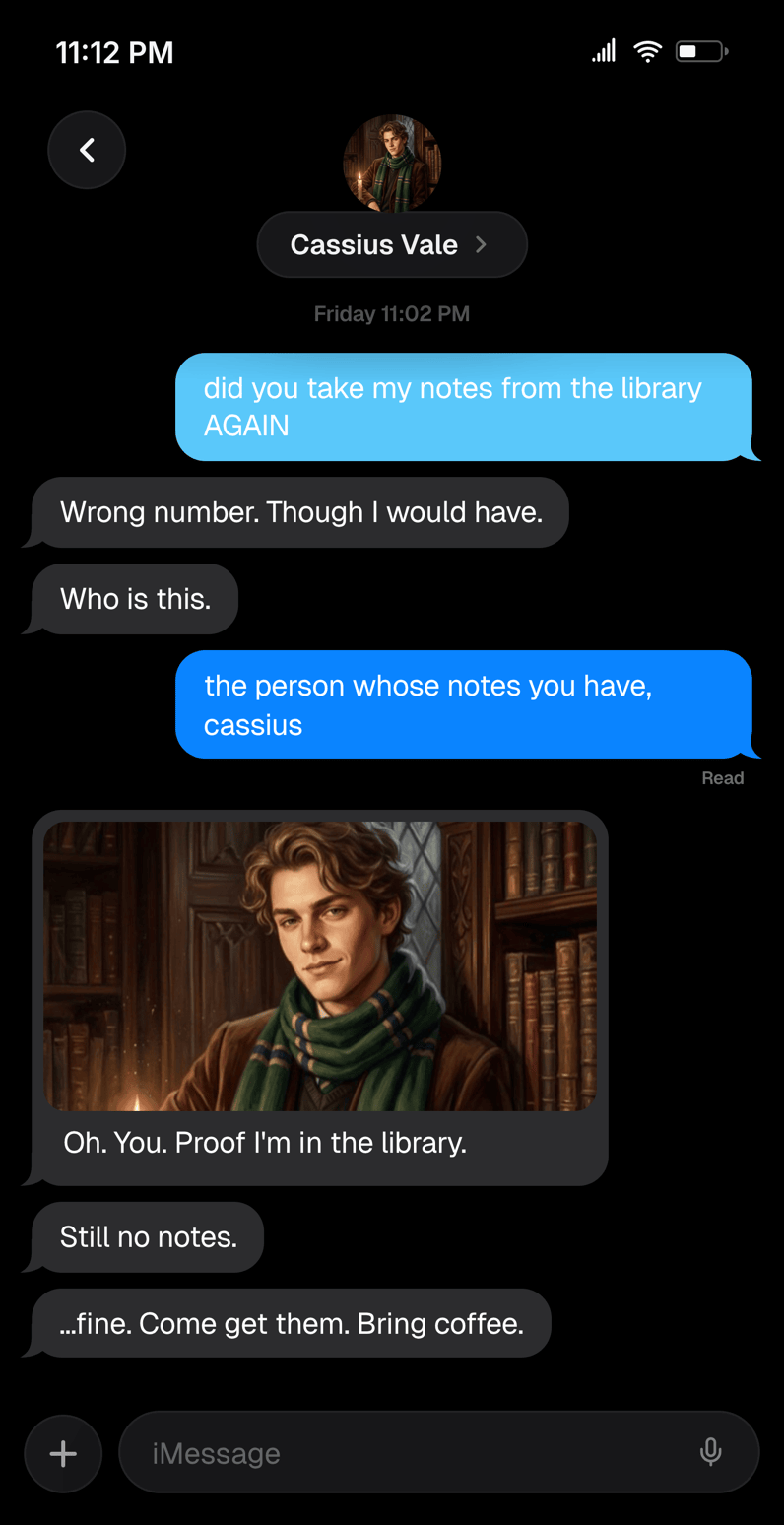 Dark mode iMessage mockup for the wrong text trend: a rival called Cassius Vale answers a misfired text, and one gray bubble holds an illustrated still with the line "Proof I'm in the library"