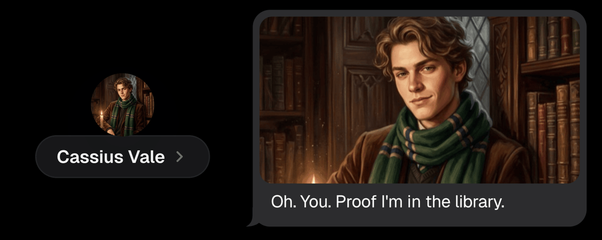 Close-up of the iMessage mockup header with the contact photo above the name, and a gray bubble holding an illustrated still