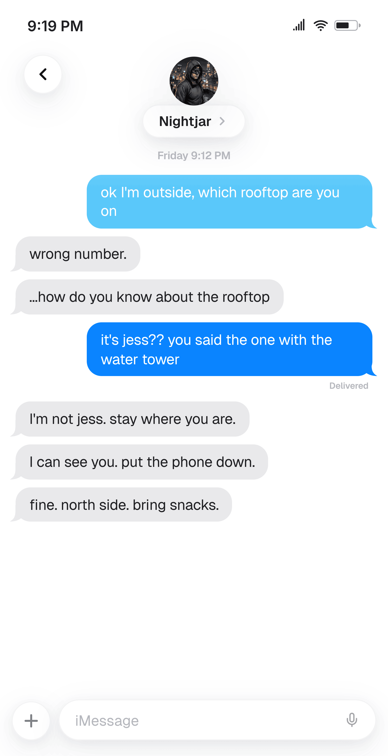 iMessage mockup of the wrong text trend: a message meant for a friend lands with a masked vigilante called Nightjar, who replies in character for six gray bubbles