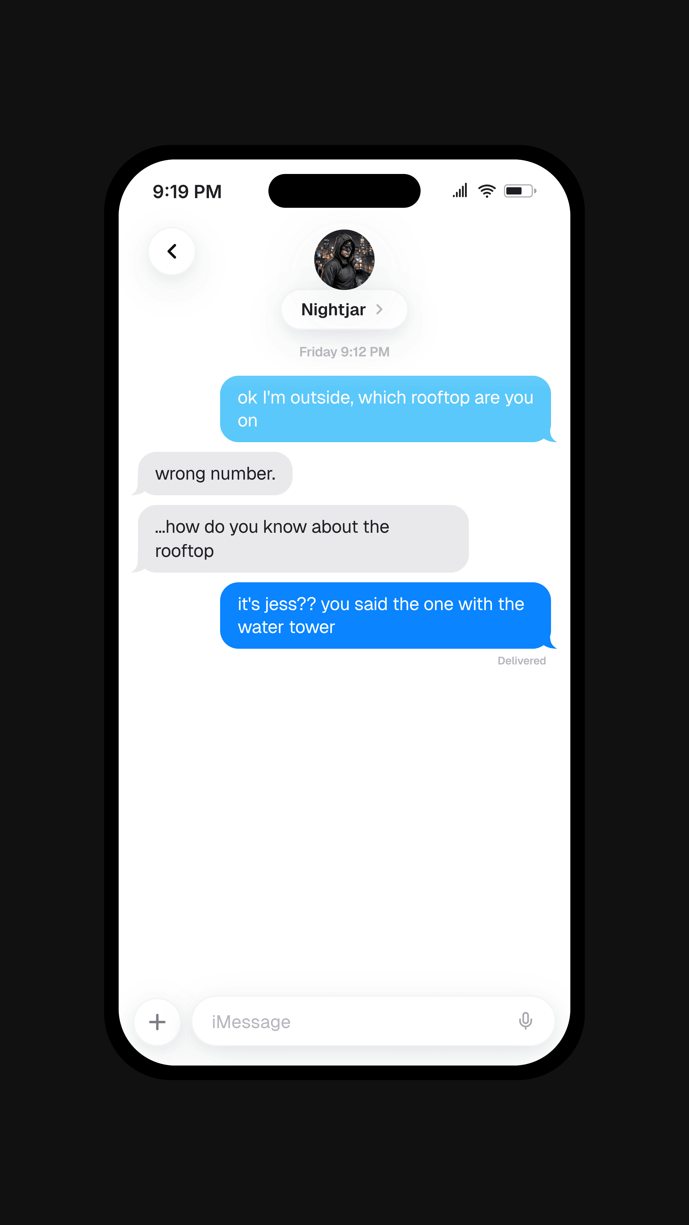 One slide of a wrong text slideshow: the iMessage mockup on a 9:16 canvas with a dark background, ready for TikTok